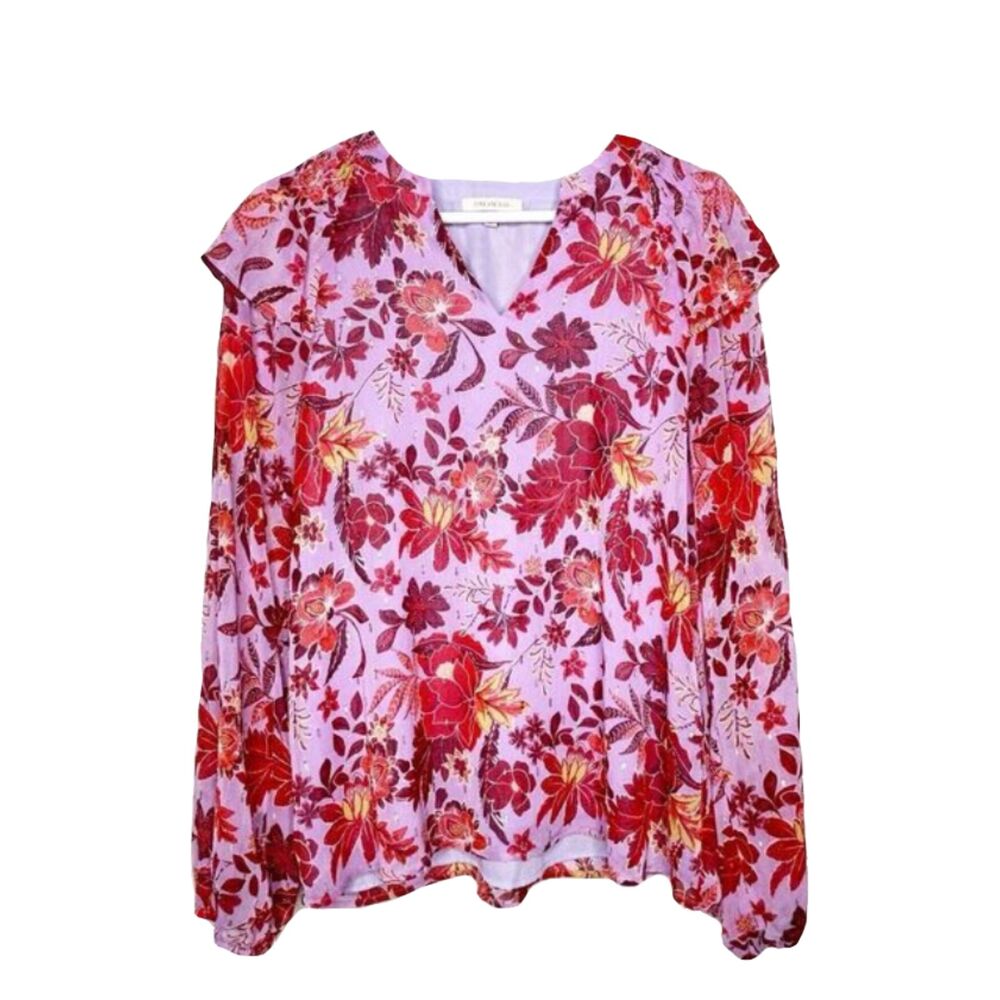 Skies are Blue Walk On Lavender Red Orange Floral Blouse Size S Oversize